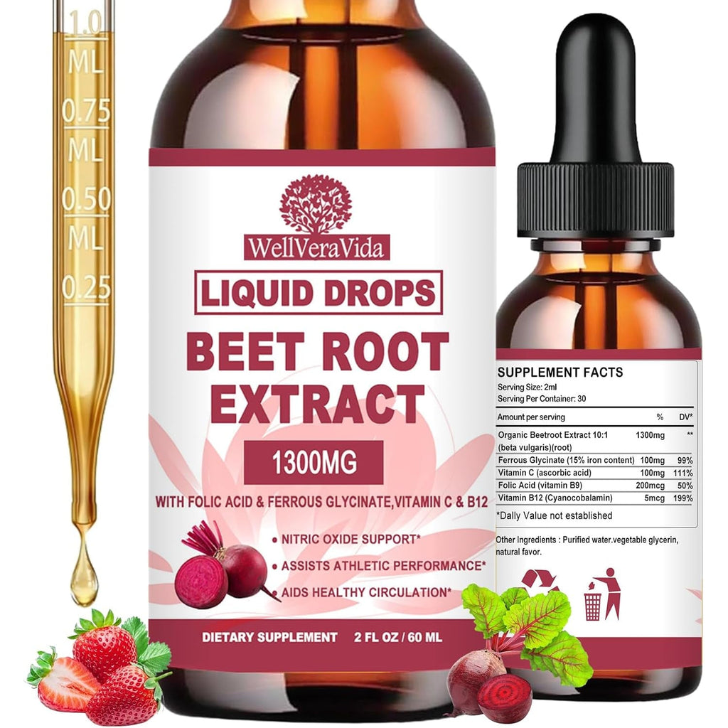 Beetroot Supplement, Organic Beet Root Extract Drops W/Iron Folic Acid, Vitamin B12 & C for Nitric Oxide Production & Healthy Blood Pressure, Superior Liquid to Beet Root Capsules or Powder丨Sugar Free