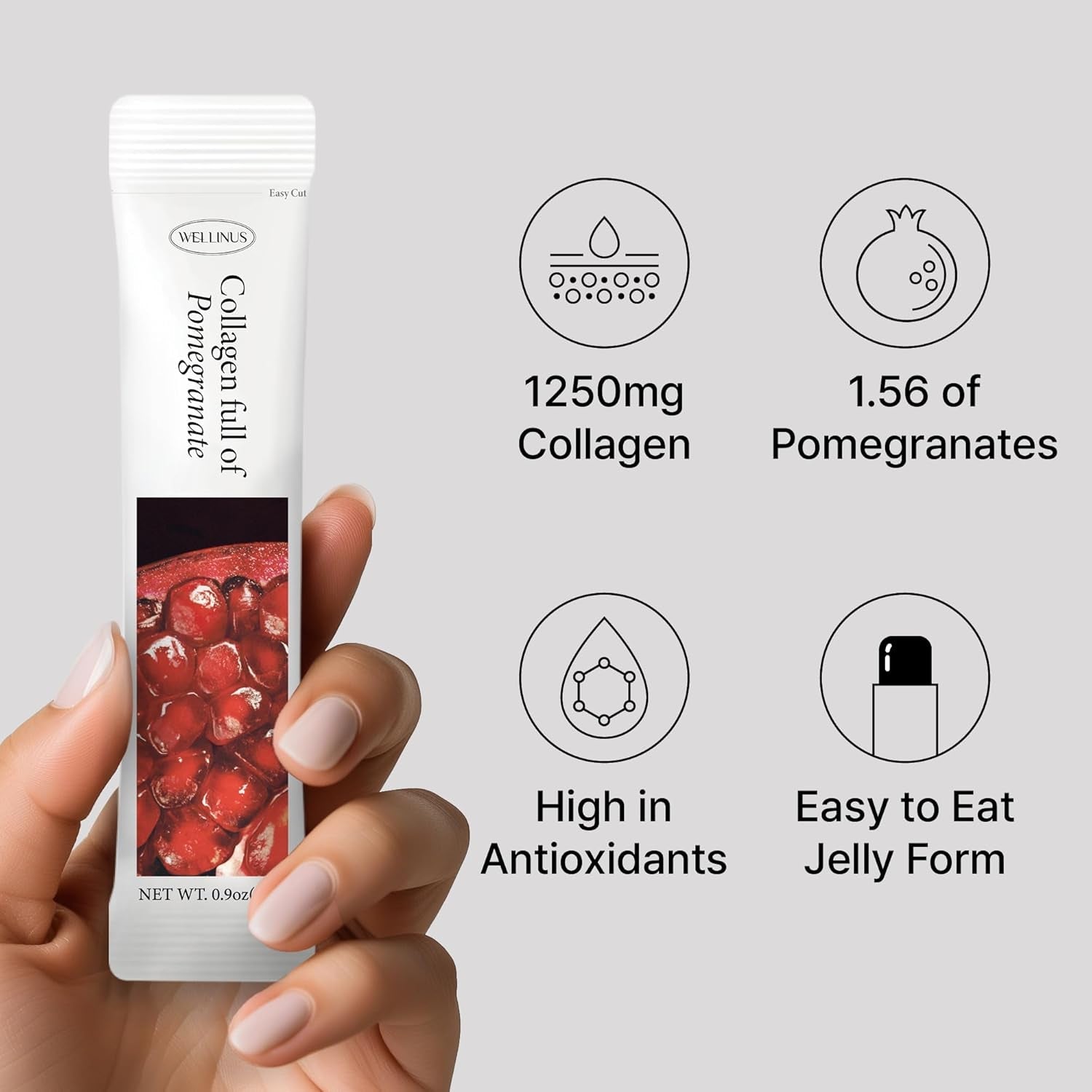 WELLINUS Korean Marine Collagen Jelly Sticks – Pomegranate Marine Collagen Peptides for Glowing Skin, Hair & Nails, Anti-Aging Beauty Supplement, Sugar-Free, Halal & Gmo-Free, 25 Travel Packs