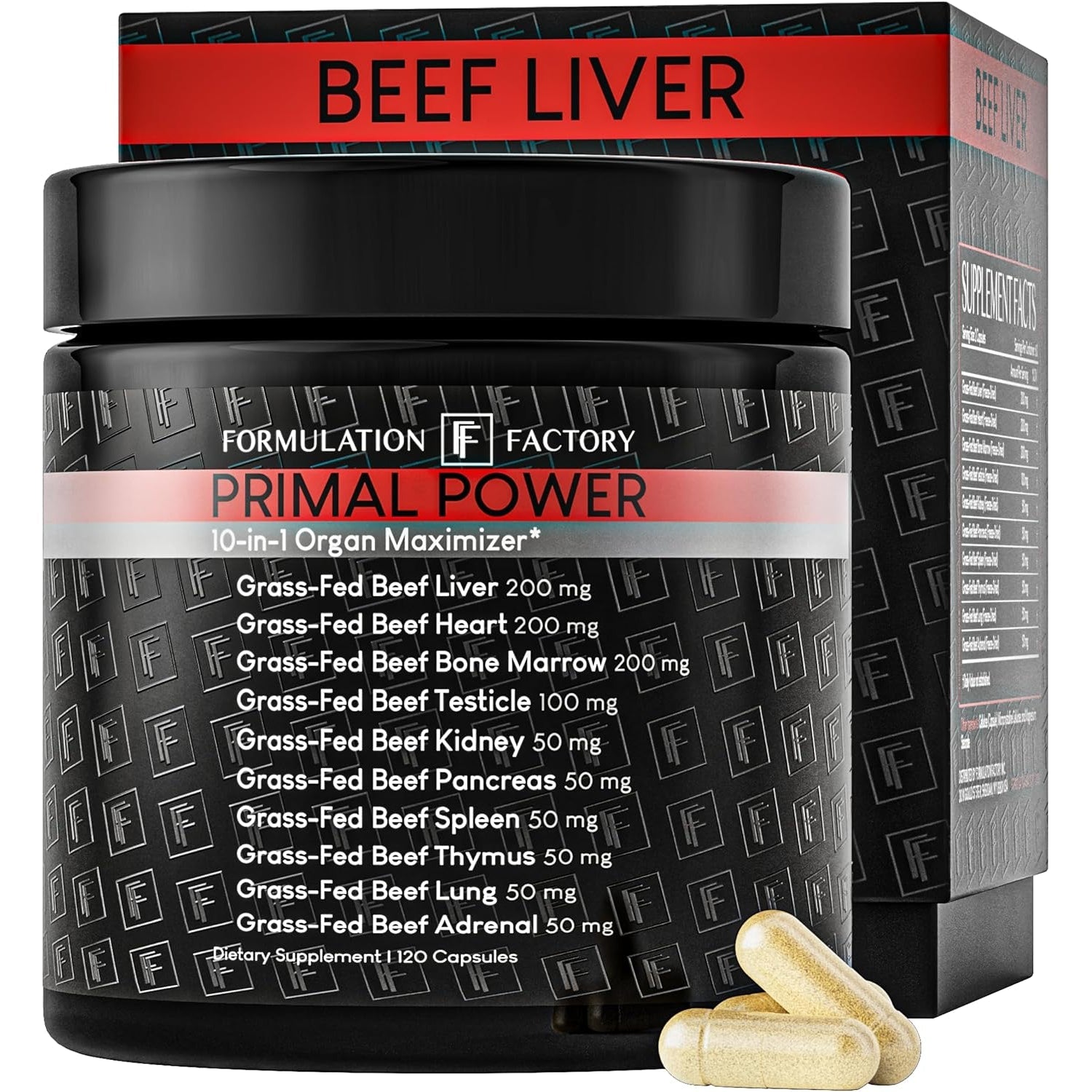 Formulation Factory Primal Power 10-In-1 Grass-Fed Beef Organ Complex with Liver, Heart, Bone Marrow, Orchic, Kidney, Spleen, Pancreas, Adrenals, Thymus & Brain - 120 Capsules