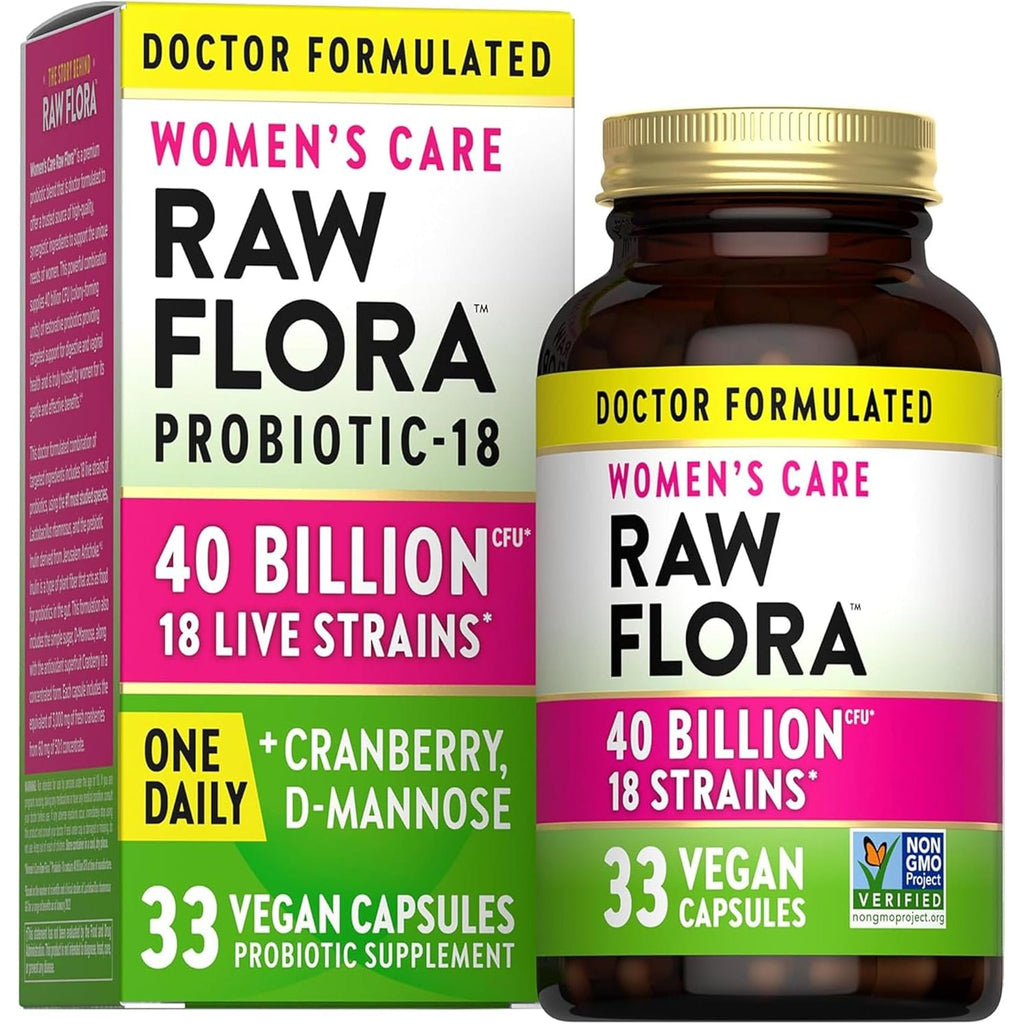 Raw Flora Women'S Probiotics | Dr. Formulated 40 Billion CFU + Prebiotics | Digestive, Vaginal & Urinary Support | 33 Vegan Capsules with Cranberry & D-Mannose | Shelf Stable