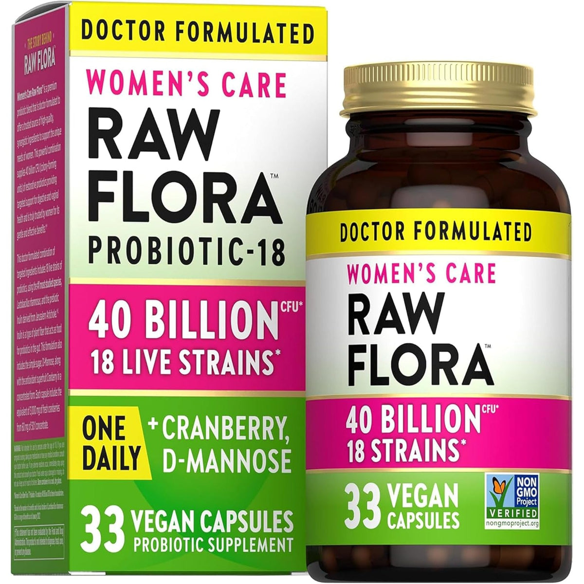 Raw Flora Women'S Probiotics | Dr. Formulated 40 Billion CFU + Prebiotics | Digestive, Vaginal & Urinary Support | 33 Vegan Capsules with Cranberry & D-Mannose | Shelf Stable