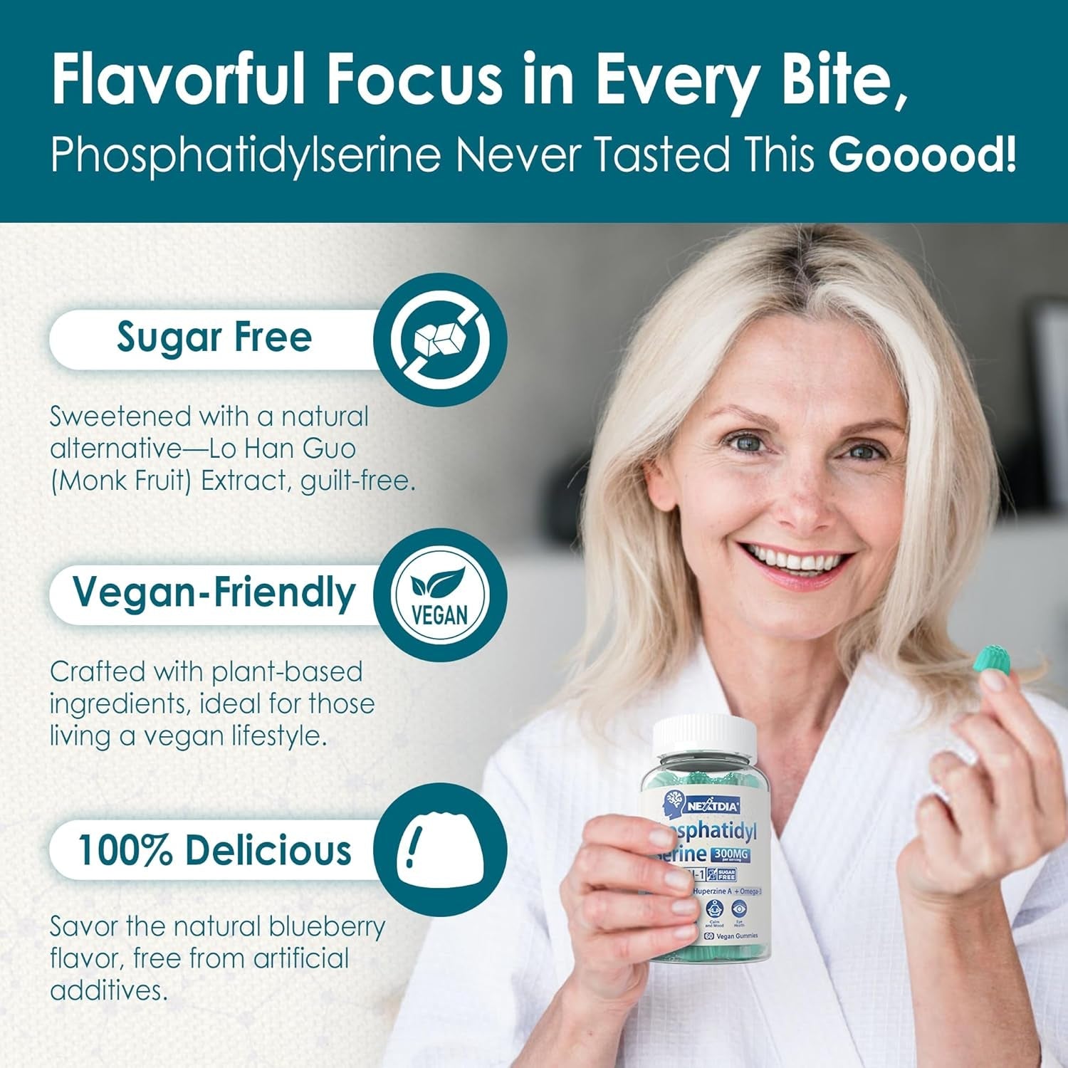 Phosphatidylserine - Nootropic Brian Supplement, Focus & Energy Gummies+ Bacopa Monnieri, Omega 3, Huperzine A, Methyl B12 & B6 for Seniors, Gamers, Workers, Non-Gmo, Caffeine-Free, Sugar Free, 2 Pack