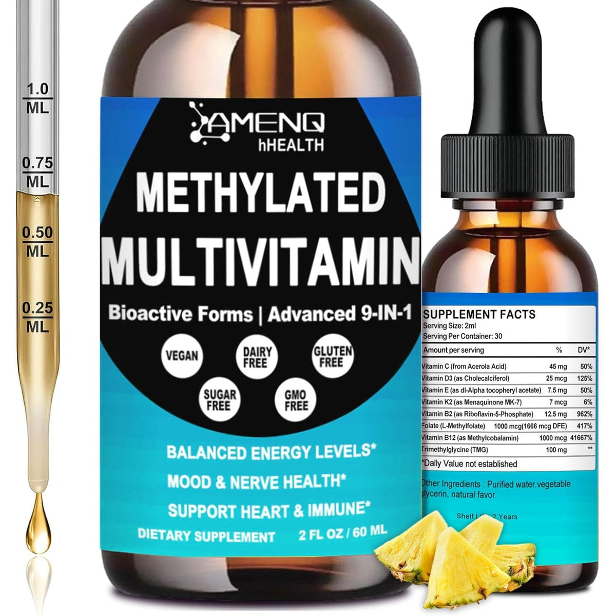 Methylated Multivitamin for Men Women & Kid, Advanced 8-In-1 Methylated B Complex W. VIT C D B12 Folate & TMG for MTHFR Energy Brain, Daily Methylated Vitamin Liquid Drop 6X Stronger than Pill Capsule