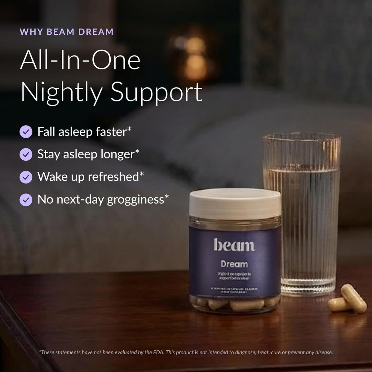 Beam Dream Sleep Capsules, L-Theanine, Apigenin, Reishi and Magnesium, Third Party Tested Natural Sleep Aid & Sleep Supplement for Deep Sleep, Relaxation and Recovery, Sleep Support, 30 Servings