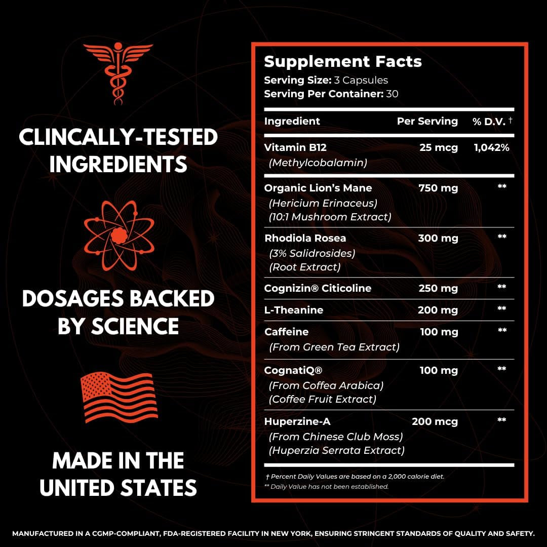 Advanced Focus Supplement Nootropic Brain Supplements for Memory and Focus | Lion'S Mane, Caffeine, L-Theanine, and 5 Additional Natural Ingredients to Improve Cognitive Health & Energy (90 Capsules)