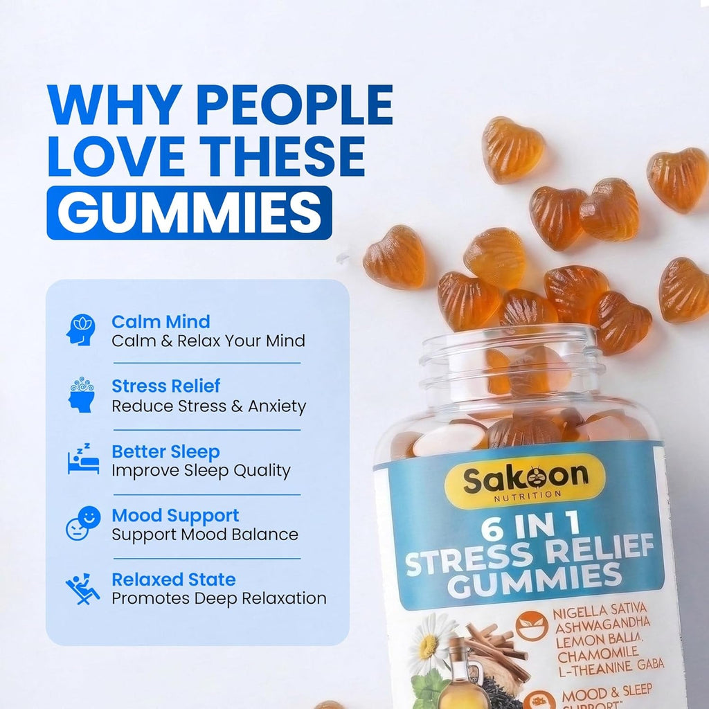 6-In-1 Stress Relief Gummies 60Ct - Aids Relaxation with Ashwagandha, GABA, L-Theanine, Lemon Balm, Chamomile, Black Cumin Seed Nigella Sativa. Improved Deep Sleep, Joint Support - 60 Gummies
