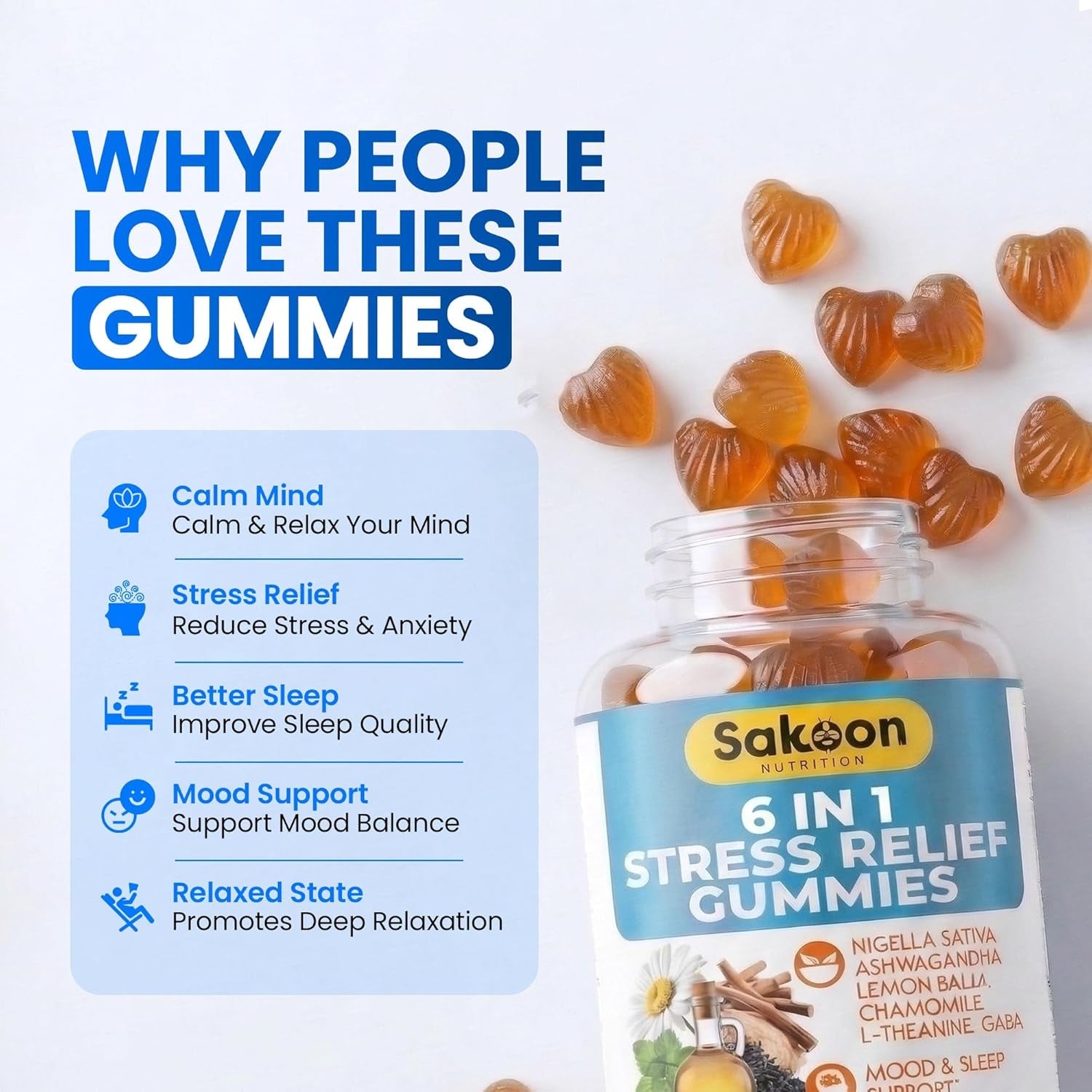 6-In-1 Stress Relief Gummies 60Ct - Aids Relaxation with Ashwagandha, GABA, L-Theanine, Lemon Balm, Chamomile, Black Cumin Seed Nigella Sativa. Improved Deep Sleep, Joint Support - 60 Gummies