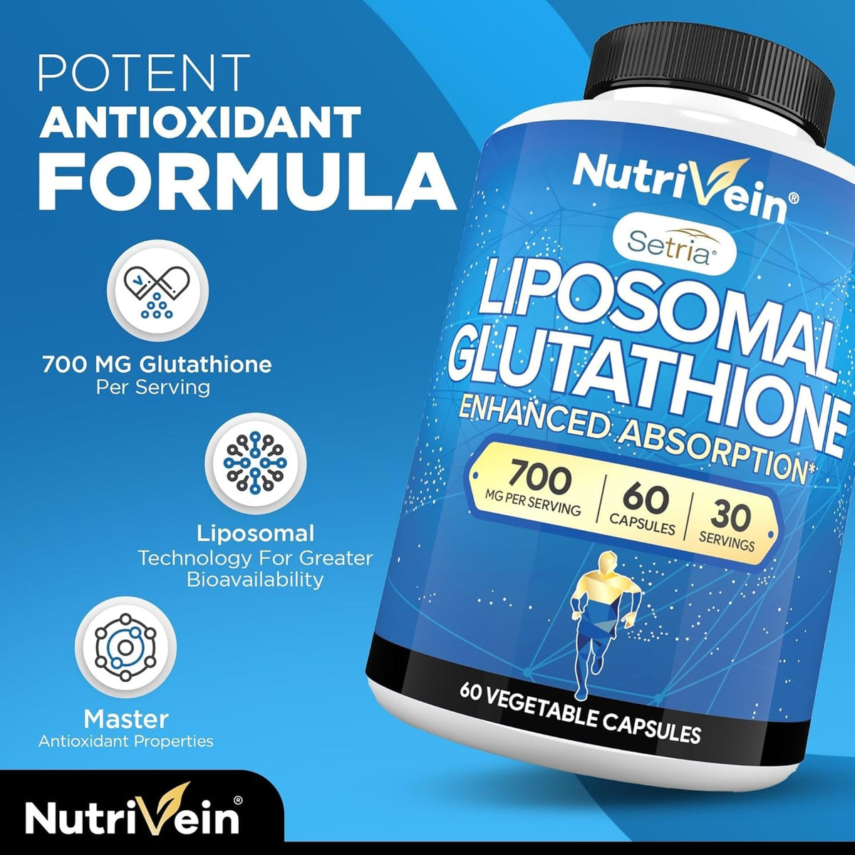 Nutrivein Premium Liposomal Glutathione Supplement 700 Mg - 60 Caps - Pure Reduced Glutathione Setria - Master Antioxidant - Cell Protection, Cleansing, Liver, Brain, Vitality, and Defenses