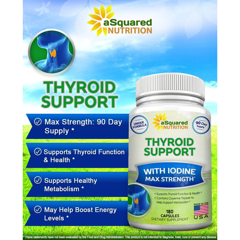 Asquared Nutrition Premium Thyroid Support Supplement with Iodine (180 Capsules) - Best Herbal & Vitamin Complex Pills W/ B12, Ashwagandha, Bladderwrack & Kelp - Helper for Healthy Hormone & Energy
