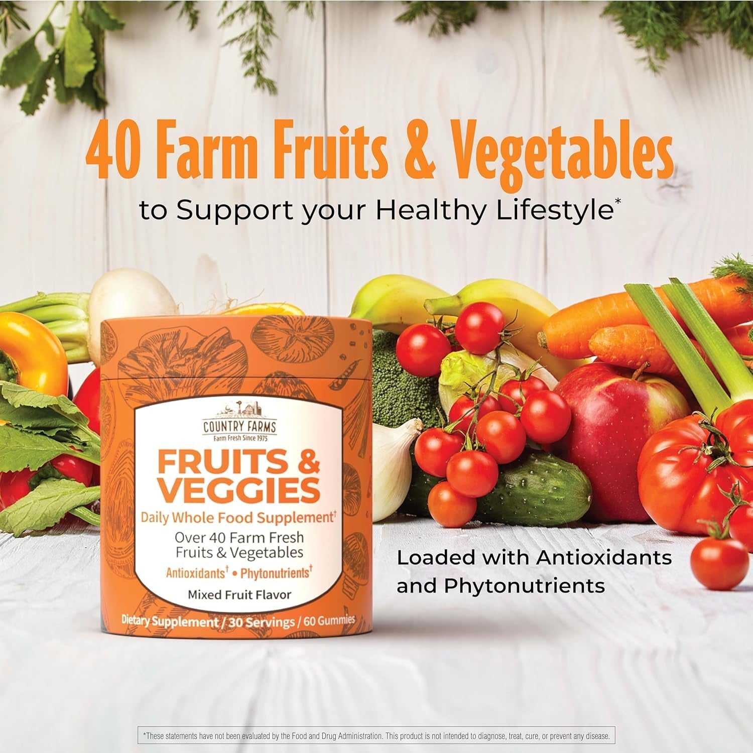COUNTRY FARMS Fruits and Veggies Gummies, with over 40 Farm Fresh Fruits & Vegetables, Packed with Powerful Antioxidants, (Spirulina, Blueberry, Mushrooms), Daily Whole Food Supplement, Pectin Based,