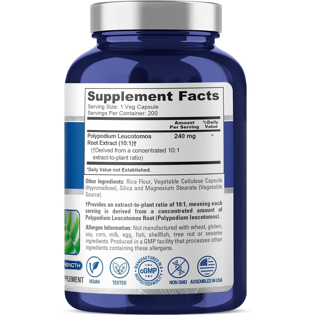 Nusapure Polypodium Leucotomos Capsules, 240 Mg, 200 Veg Capsules (Non-Gmo, Vegan)