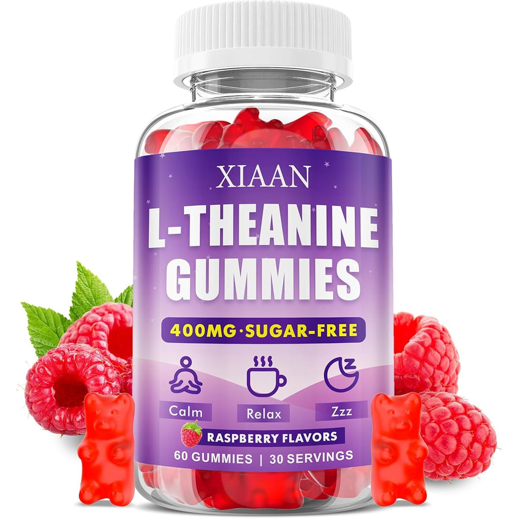 L-Theanine Gummies for Kids & Adults, L'Theanine 400Mg Chewable L Theanine Supplement for Calm, Zzz & Relaxation Support, Vegan, Organic, Raspberry Flavor, 60 Counts