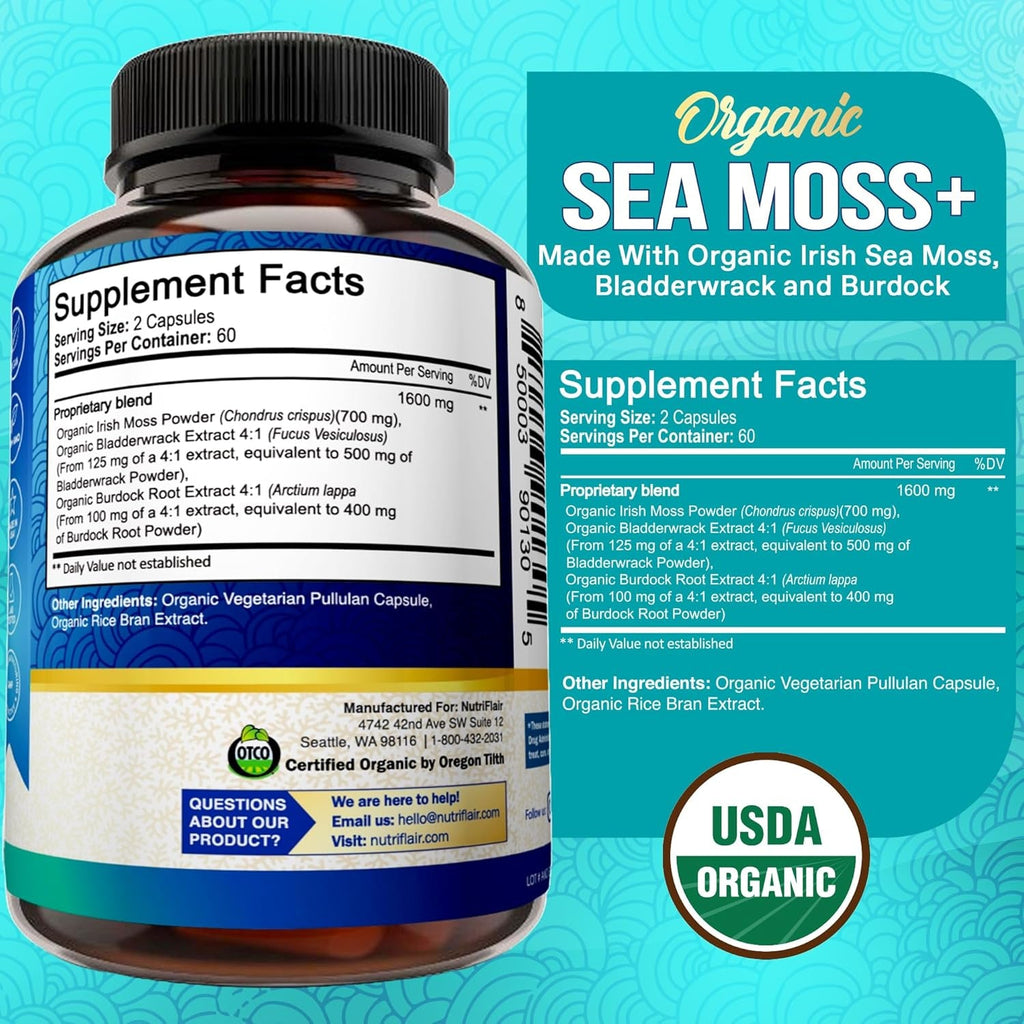 Nutriflair Organic Sea Moss 1600Mg, 120 Capsules plus Bladderwrack & Burdock - Prebiotic Super Food - Immune System & Digestive Health - Thyroid, Healthy Skin, Keto Detox, Gut