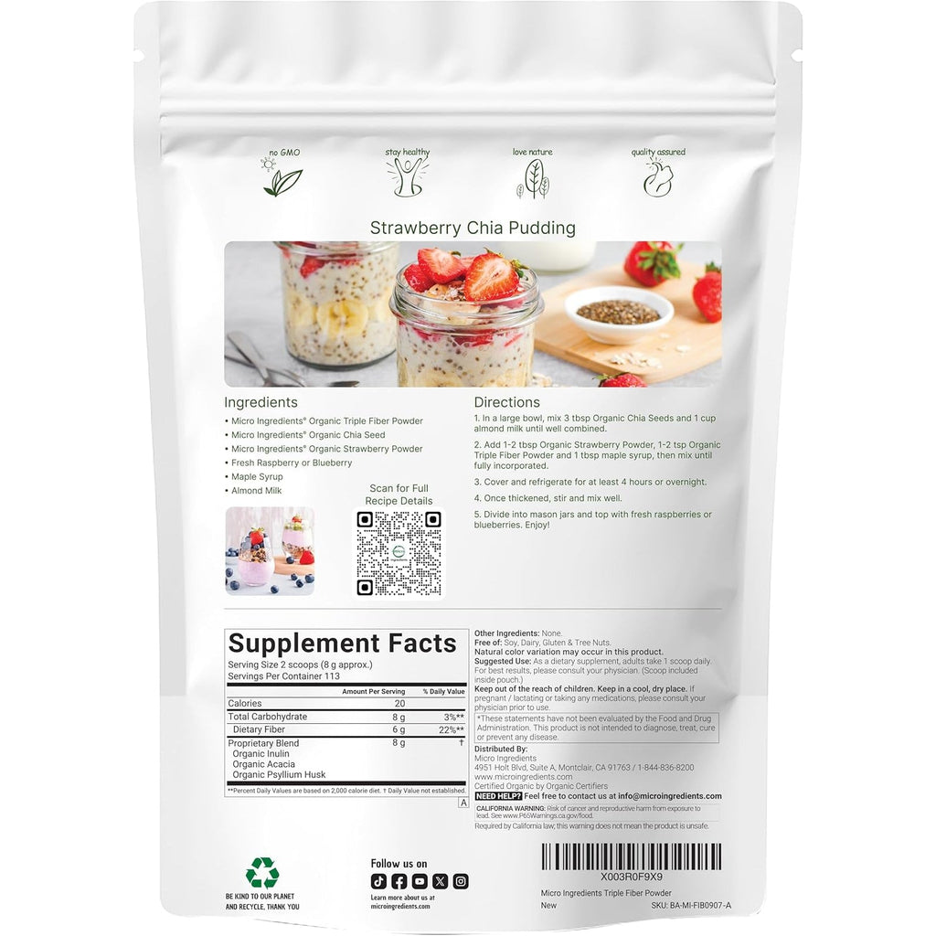 Micro Ingredients Organic Triple Fiber Powder, 2Lb | Natural Prebiotic to Support Digestive & Gut Health | Soluble, Easily Digestible | Unflavored, Vegan