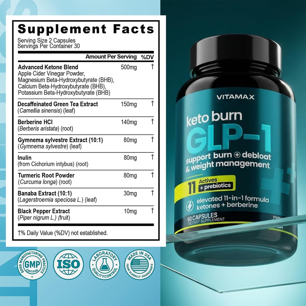 Vitamax GLP-1 Support Supplement for Weight Loss & Fat Burner for Men & Women – Ketone Metabolism Support with BHB Ketones, ACV, Berberine, Polyphenols & Prebiotics for Appetite, Digestion & Cravings