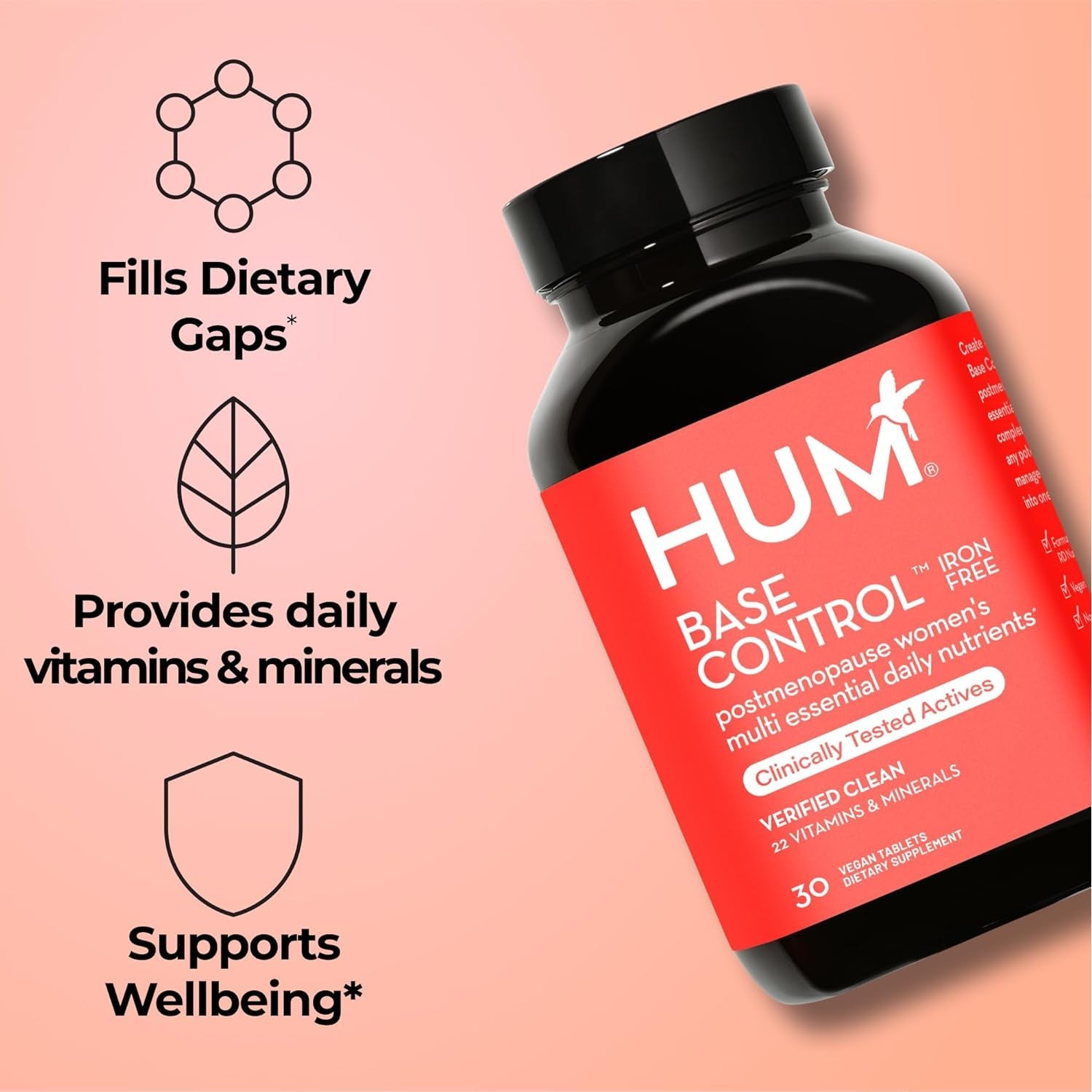 HUM Base Control Multivitamin for Women with Vitamin C, Biotin, Zinc, B Complex, Daily Women'S Multivitamin, 22 Essential Vitamins & Minerals, Support for Pre-Menopause, Gluten Free, 30 Capsules