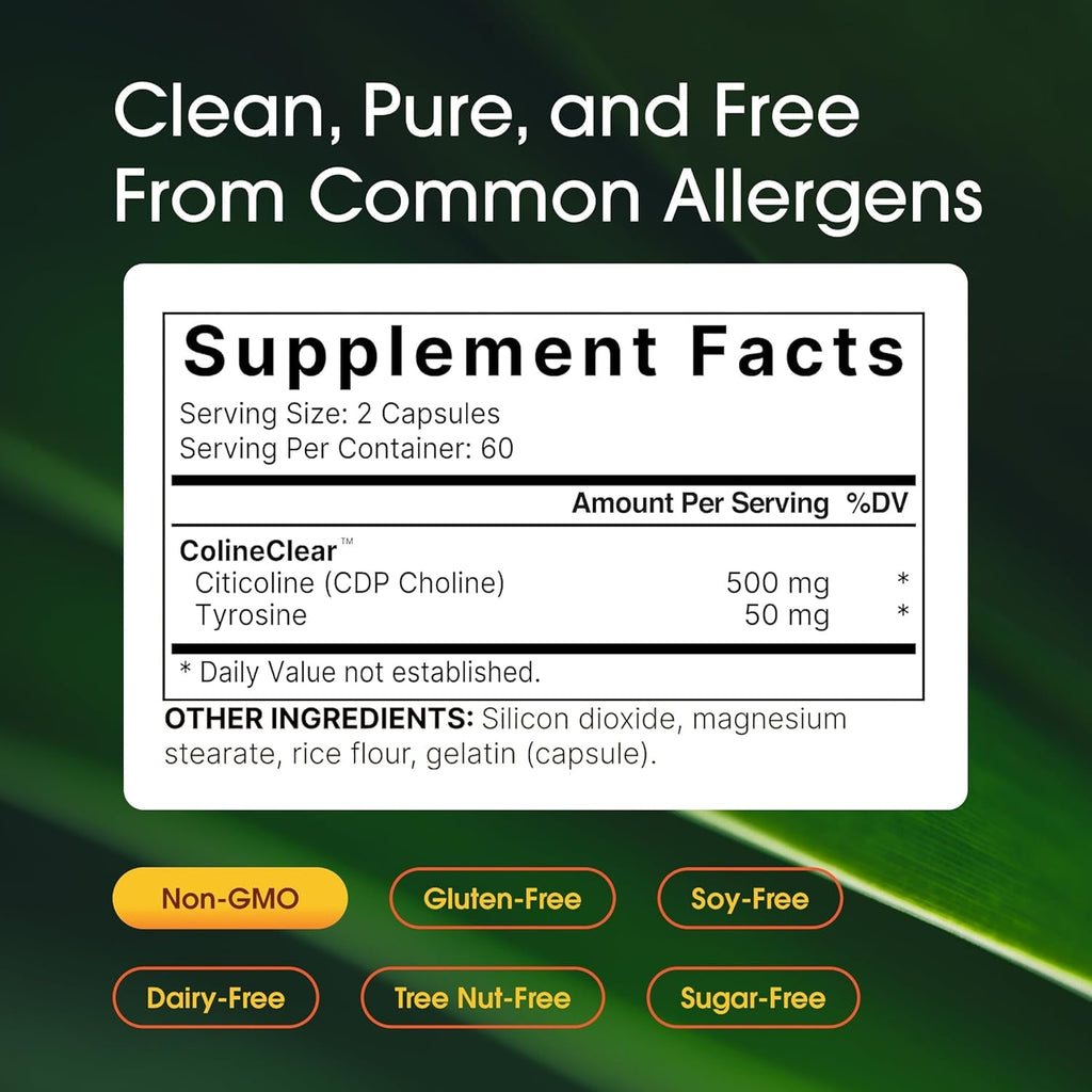 Naturebell Citicoline 500Mg - 120 Capsules - Brain Function Support for Adults - Memory & Focus Aid with CDP Choline & Tyrosine - Fast-Absorbing Formula* - Non-Gmo & Gluten-Free