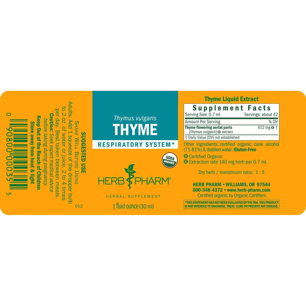 Herb Pharm Certified Organic Thyme Liquid Extract Drops for Respiratory System Support, 1 Oz