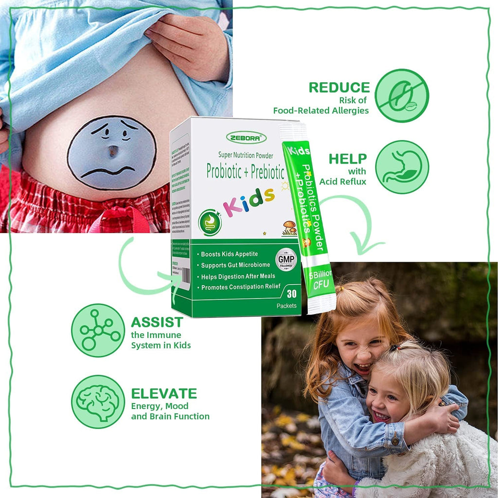 ZEBORA Kids Probiotic & Prebiotics Powder Age 3+ Support Children'S Digestive & Immune System with Natural Source, Promotes Constipation Relief, Non-Gmo, Gluten-Free, 30 Packets with 5 Billion Cfus