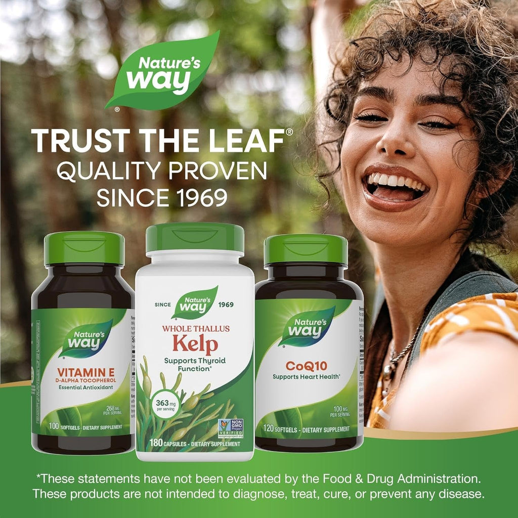 Nature'S Way Kelp - Kelp Supplement for Thyroid Function Support* - Botanical Ingredient - Plant-Derived Capsule - Plant-Sourced Iodine - Vegan, Gluten-Free & Dairy-Free - 180 Count (180 Servings)