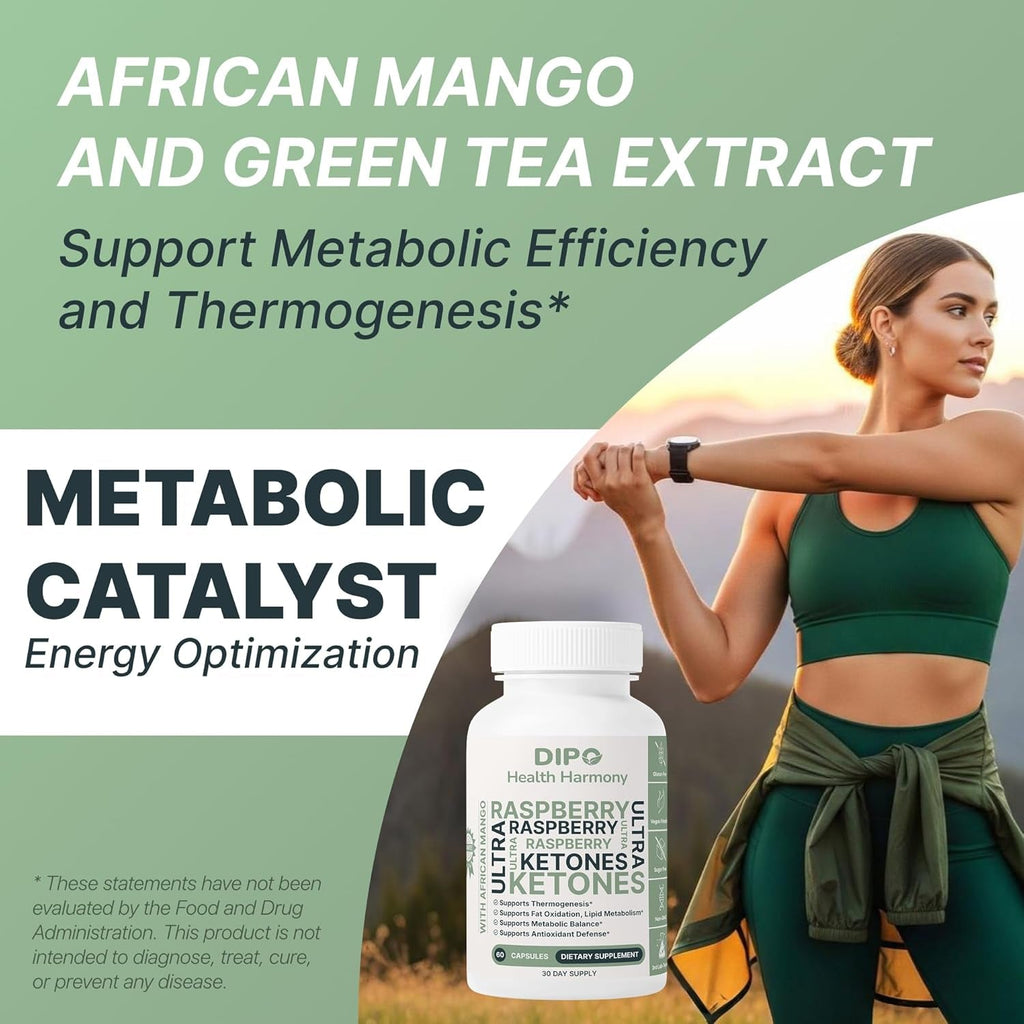 DIPO Raspberry Ketones Ultra 500Mg with African Mango Seed, Green Tea Extract & Apple Cider Vinegar - Metabolism & Healthy Weight Management Supplement for Women & Men - Vegan Non-Gmo, 60 Capsules