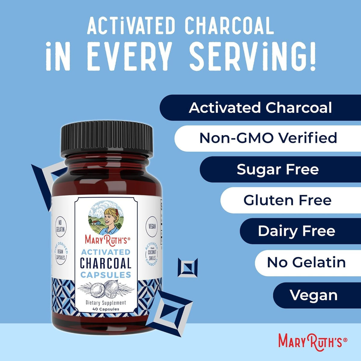 MARYRUTH'S Organics Activated Charcoal Capsules | Substance Adsorption | Derived from Coconut Shells | Vegan Capsules from Pine Trees | Non-Gmo | Gluten Free | 40 Count