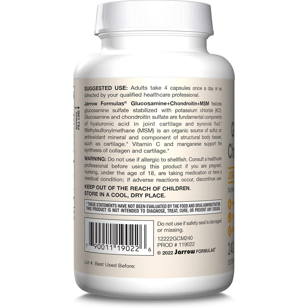 Jarrow Formulas Glucosamine, Chondroitin, and MSM Capsules; Joint Support Supplement with Vitamin C and Manganese, Bone & Joint Health, 240 Capsules, 60 Day Supply