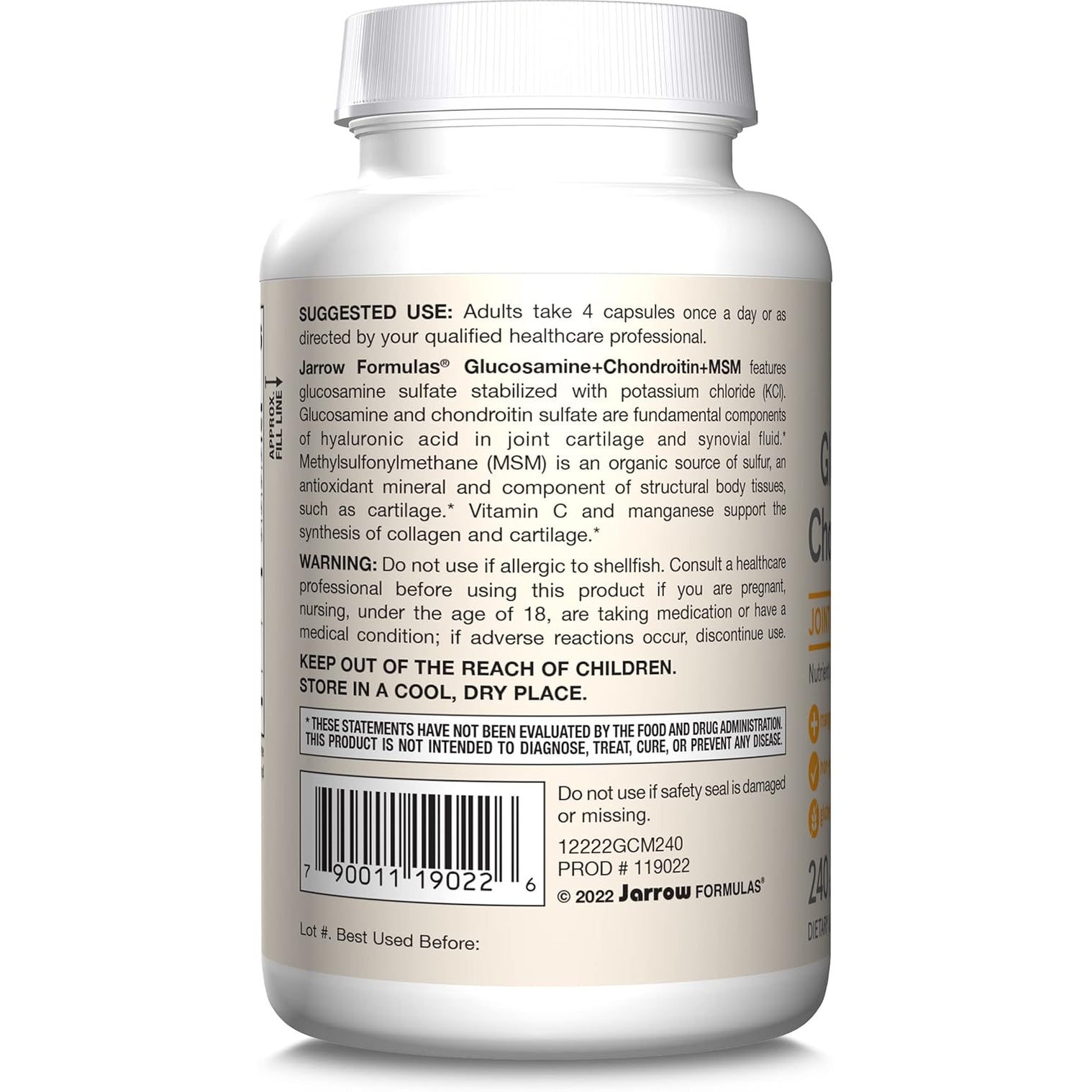 Jarrow Formulas Glucosamine, Chondroitin, and MSM Capsules; Joint Support Supplement with Vitamin C and Manganese, Bone & Joint Health, 240 Capsules, 60 Day Supply