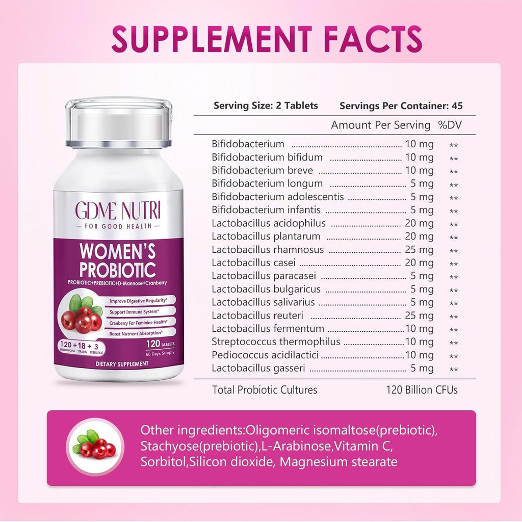 Women'S Probiotics, 120 Tablets 120 Billion CFU 18 Strains, Contains Organic Prebiotic Cranberry, Probiotic Supplement for Digestion, Immunity, Women'S Health, Soy Gluten Dairy Free