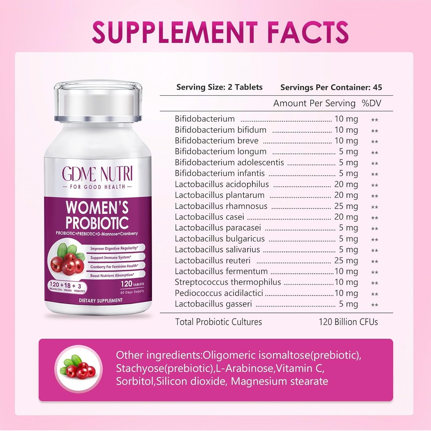 Women'S Probiotics, 120 Tablets 120 Billion CFU 18 Strains, Contains Organic Prebiotic Cranberry, Probiotic Supplement for Digestion, Immunity, Women'S Health, Soy Gluten Dairy Free