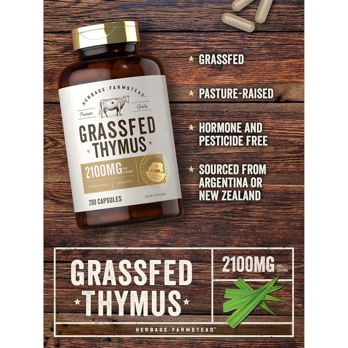Carlyle Grass Fed Beef Thymus | 2100Mg | 200 Capsules | Bovine Supplement | Pasture Raised, Non-Gmo, Gluten Free | by Herbage Farmstead
