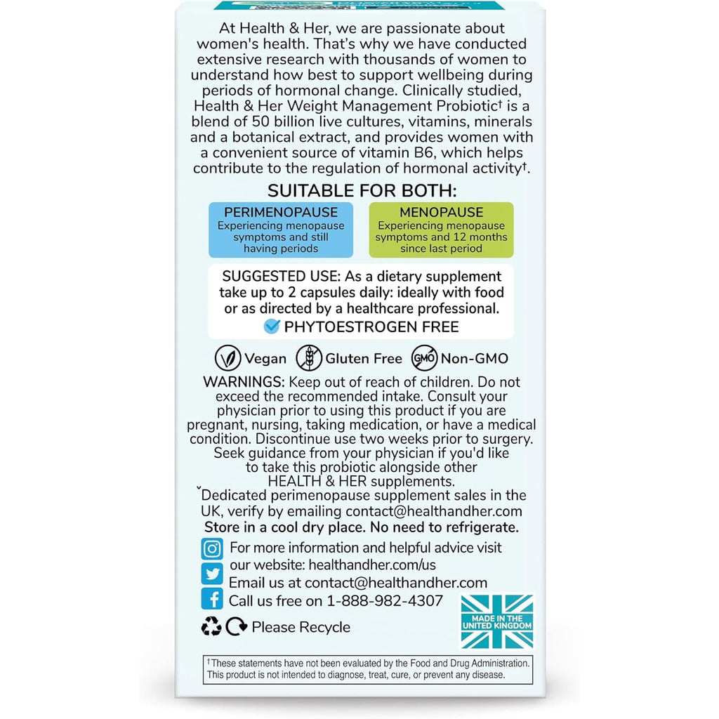 Health & Her Weight Management Probiotics for Women - Perimenopause & Menopause Supplement - Clinically Studied 50Bn CFU Probiotics to Support Gut Health, Energy, Mood & Mind, Vegan (60 Ct - 1 Month)
