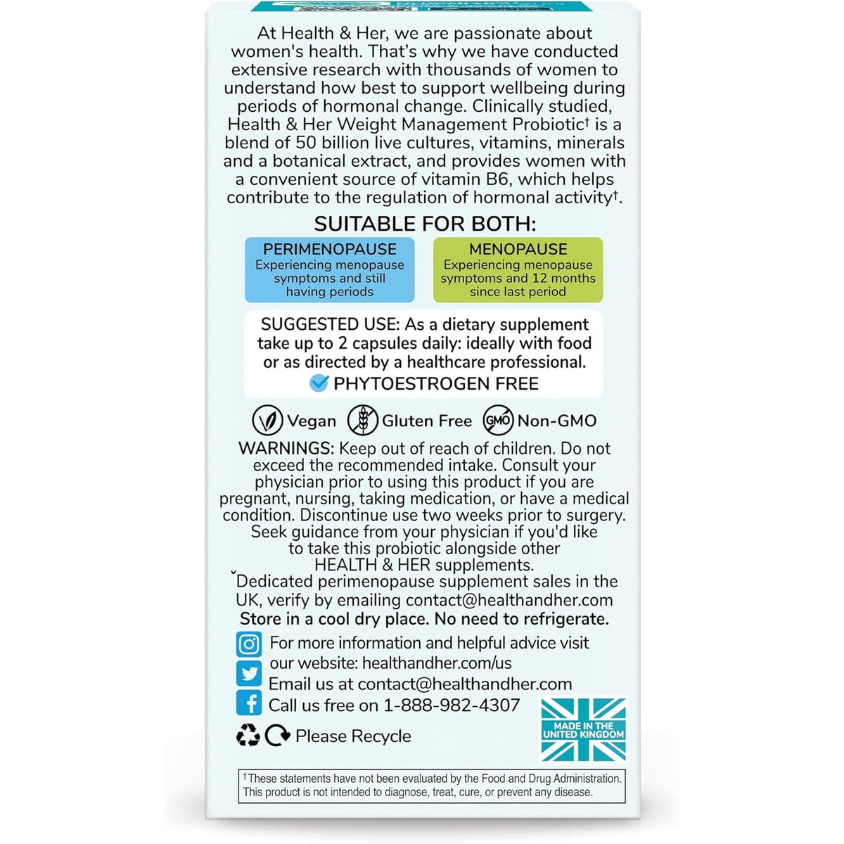 Health & Her Weight Management Probiotics for Women - Perimenopause & Menopause Supplement - Clinically Studied 50Bn CFU Probiotics to Support Gut Health, Energy, Mood & Mind, Vegan (60 Ct - 1 Month)
