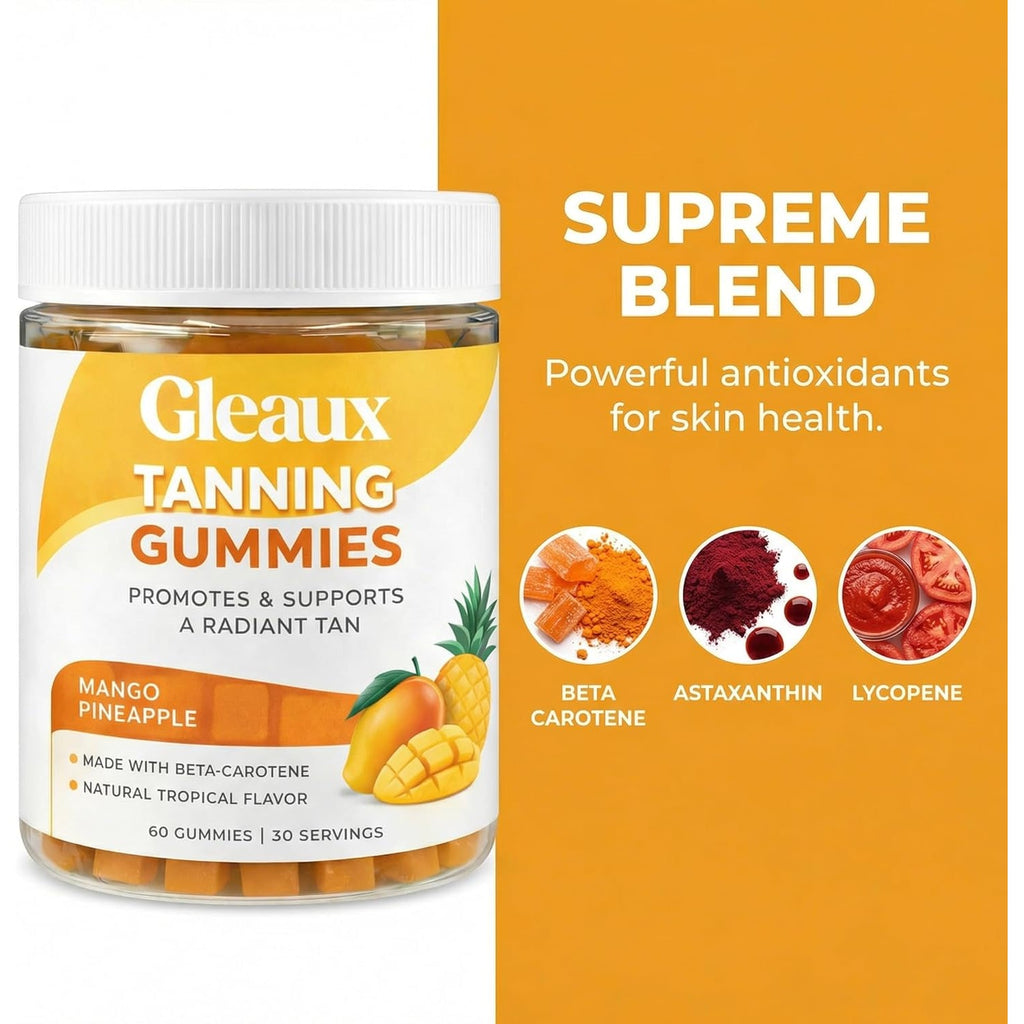Gleaux Tanning Gummies, Tanning Gummies for Women, Sunless Radiance Support with Beta Carotene, Astaxanthin & Lycopene, for Skin Health & Complexion Support, Mango Pineapple Flavor, 60 Gummies
