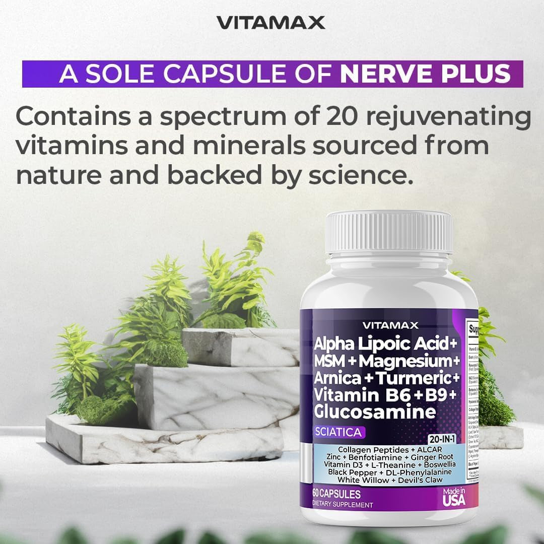 Sciatic Nerve Health Support - Sciatic Nerve Supplement Capsules with Folic Acid, Pea, Glucosamine, MSM, Vitamin B Complex, Alpha Lipoic Acid 300Mg – 60Ct – Made in USA