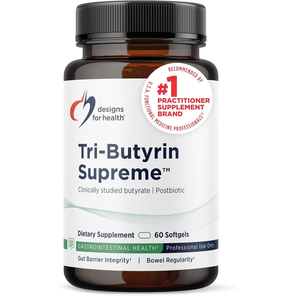 Designs for Health Tri-Butyrin Supreme - 3-In-1 Butyric Acid (Butyrate) Postbiotics for Gut Health & Gut Permeability Support - Tributyrin Supplement with Odor-Minimizing Innovation (60 Softgels)