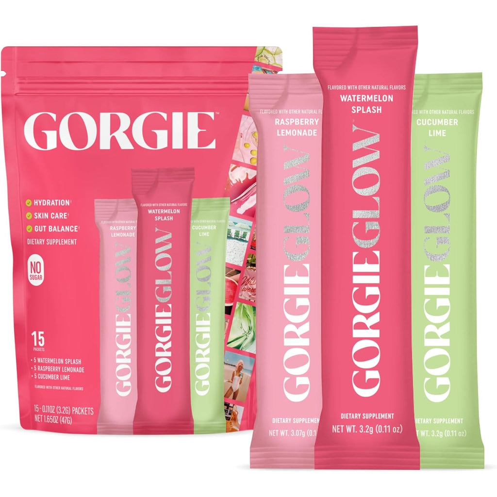 GORGIE Glow Hydration Packets, Sugar-Free Electrolyte Powder Sticks, Hyaluronic Acid, Probiotics, Aquamin, Vitamins C, D Daily Hydration, Skin and Gut Support, Caffeine Free - Variety Pack 15 Sticks