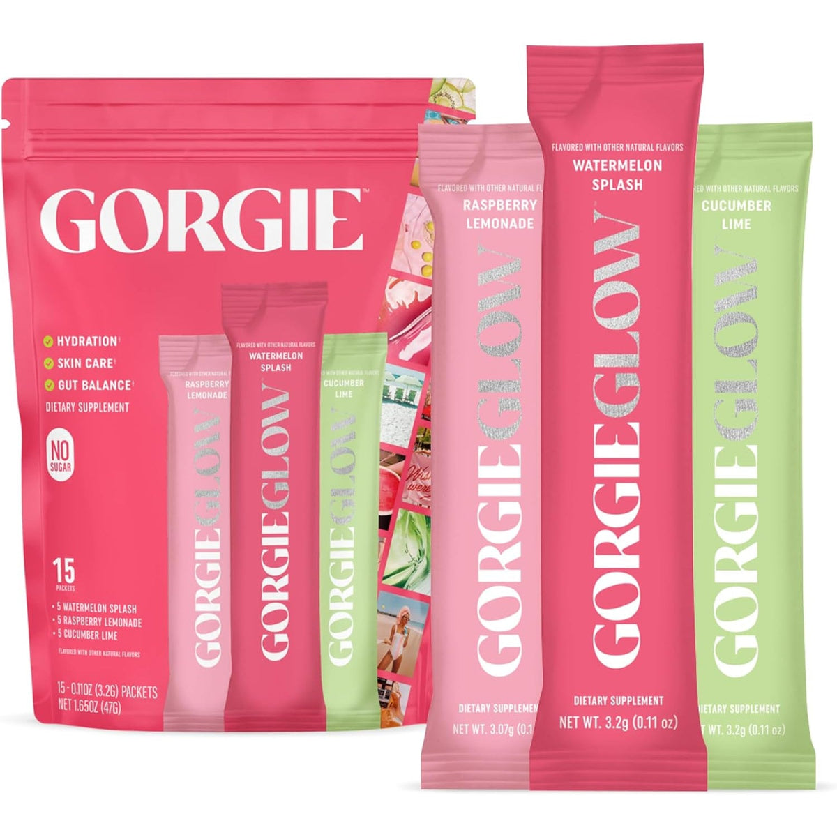 GORGIE Glow Hydration Packets, Sugar-Free Electrolyte Powder Sticks, Hyaluronic Acid, Probiotics, Aquamin, Vitamins C, D Daily Hydration, Skin and Gut Support, Caffeine Free - Variety Pack 15 Sticks