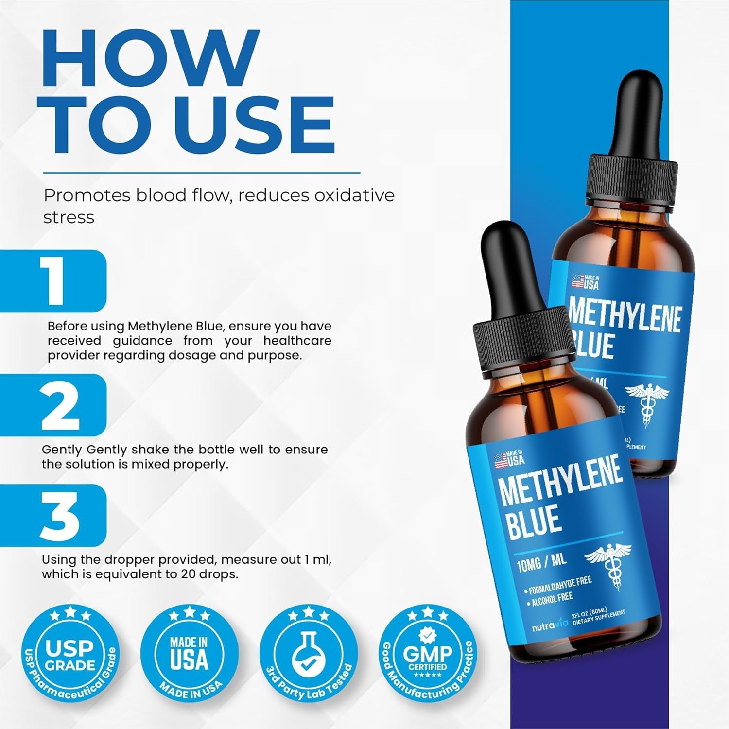 Methylene Blue Drops 1% USP Grade Third Party Lab Tested - USA Made - Formaldehyde Free, Increased Absorption, Blue Methylene Supreme Supplement for Humans, Methane Azul De Metileno Para Humanos (2Oz)