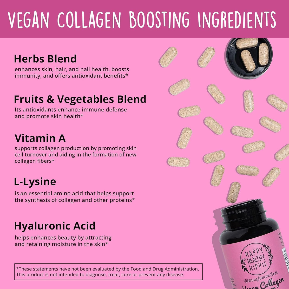 Vegan Collagen Booster - Plant-Based Supplement for Hair, Skin, Nails + Connective Tissue - Hyaluronic Acid, L-Lysine, Gotu Kola - Vegetarian Collagen Builder - Non-Gmo, Vegan, Gluten-Free, 60 Ct