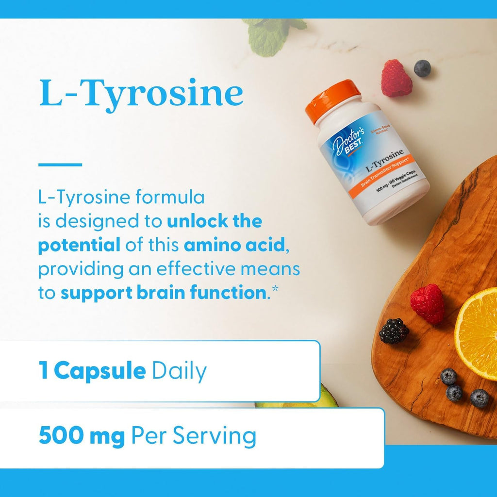 Doctors Best L Tyrosine Supplement for Men & Women - L-Tyrosine 500Mg Capsules, Brain Support for Adults, Amino Acid Support 500 Mg, Precursor for Thyroxine Production by Thyroid - 120 Veg Caps