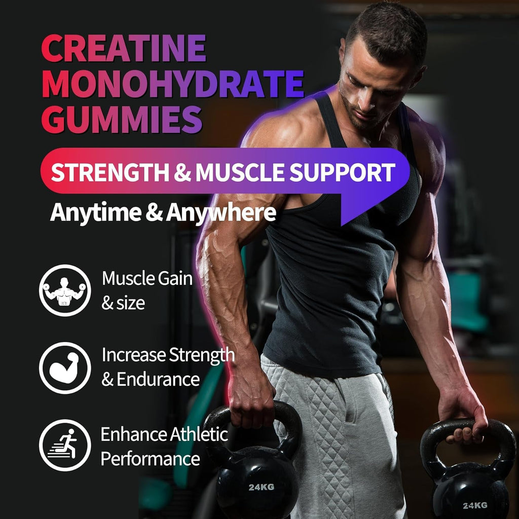 Creatine Monohydrate Gummies for Men & Women, Creatine Supplement for Enhanced Muscle Growth, Energy Boost - with L-Taurine, Sugar Free, Vegan, Raspberry Blackberry Blueberry Flavor-120 Count