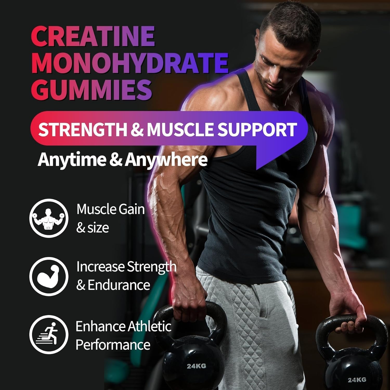 Creatine Monohydrate Gummies for Men & Women, Creatine Supplement for Enhanced Muscle Growth, Energy Boost - with L-Taurine, Sugar Free, Vegan, Raspberry Blackberry Blueberry Flavor-120 Count
