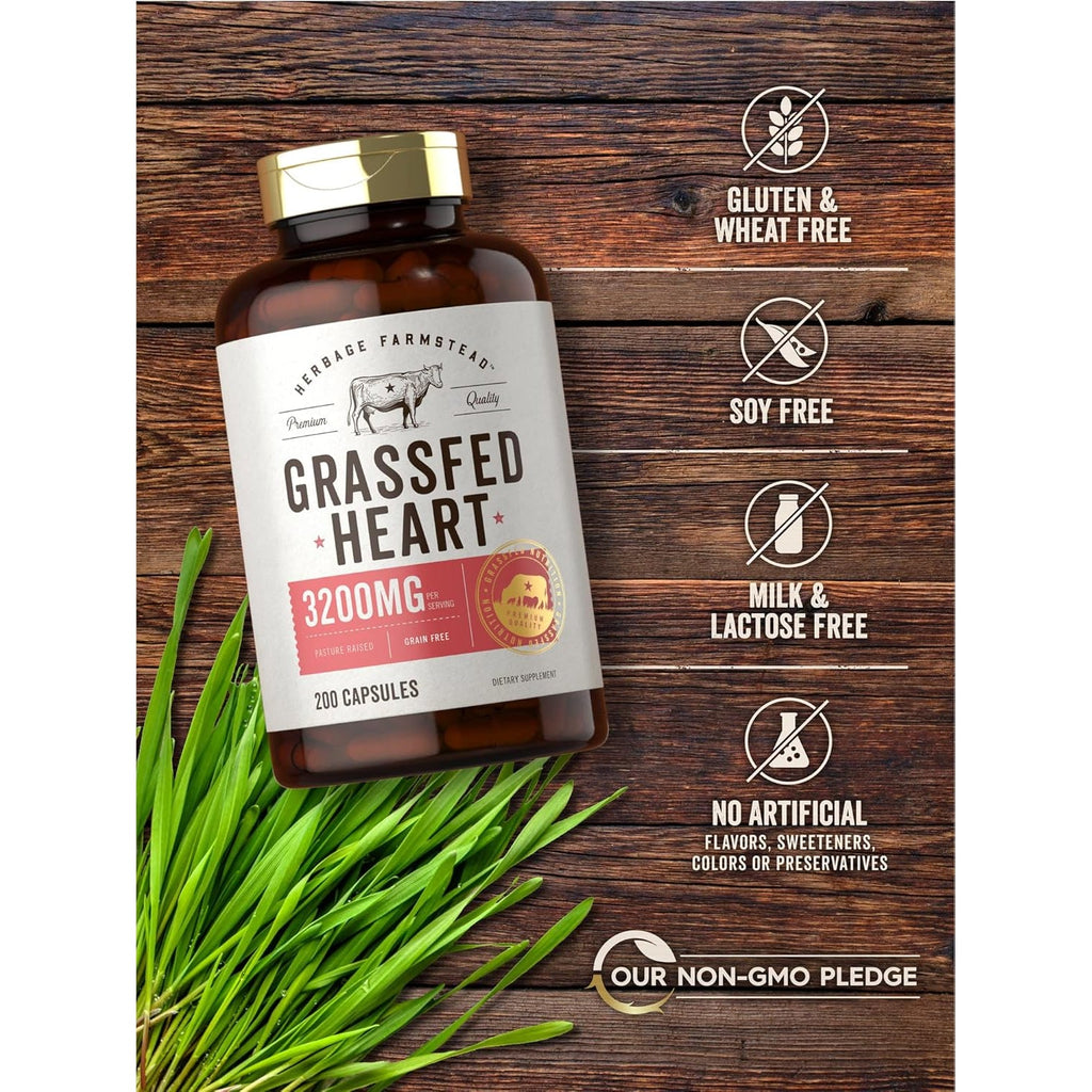 Carlyle Grass Fed Beef Heart Supplement | 3200Mg | 200 Count | Desiccated Pasture Raised Bovine Capsules | Non-Gmo, Gluten Free | by Herbage Farmstead