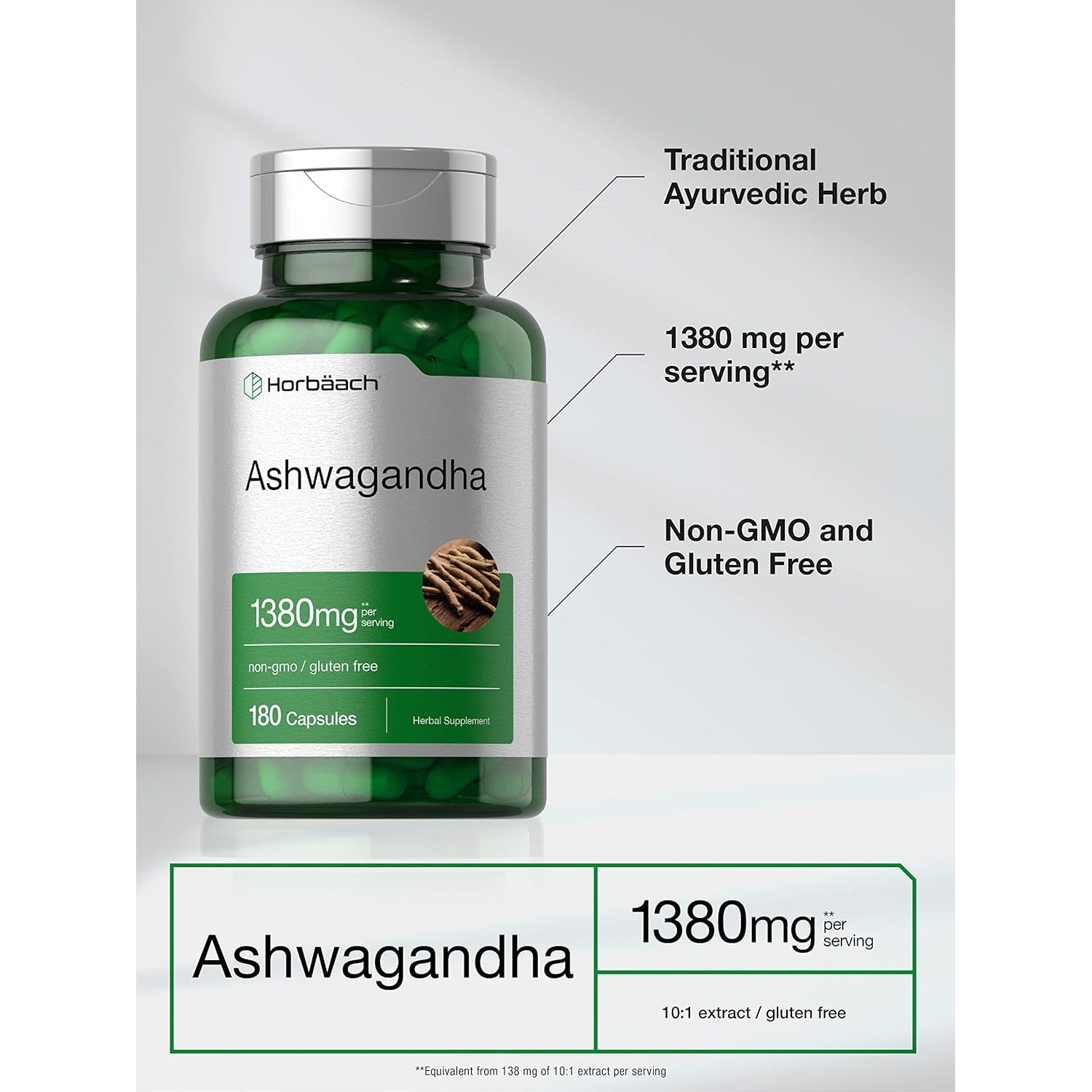 Horbäach Ashwagandha Root Supplement | 180 Capsules | for Women and Men | Herbal Extract | Non-Gmo, Gluten Free
