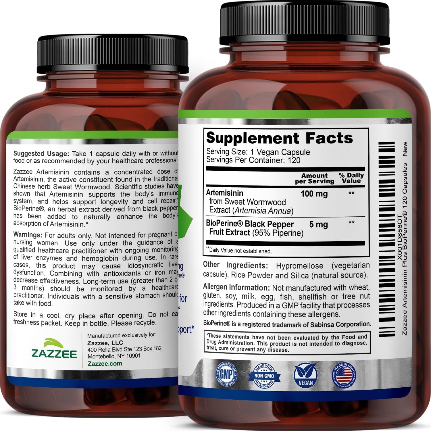 Zazzee High Absorption Artemisinin, 100 Mg per Capsule, 120 Vegan Capsules, with 5 Mg Bioperine for Maximum Absorption, Sweet Wormwood Extract, 4 Month Supply, All-Natural and Non-Gmo