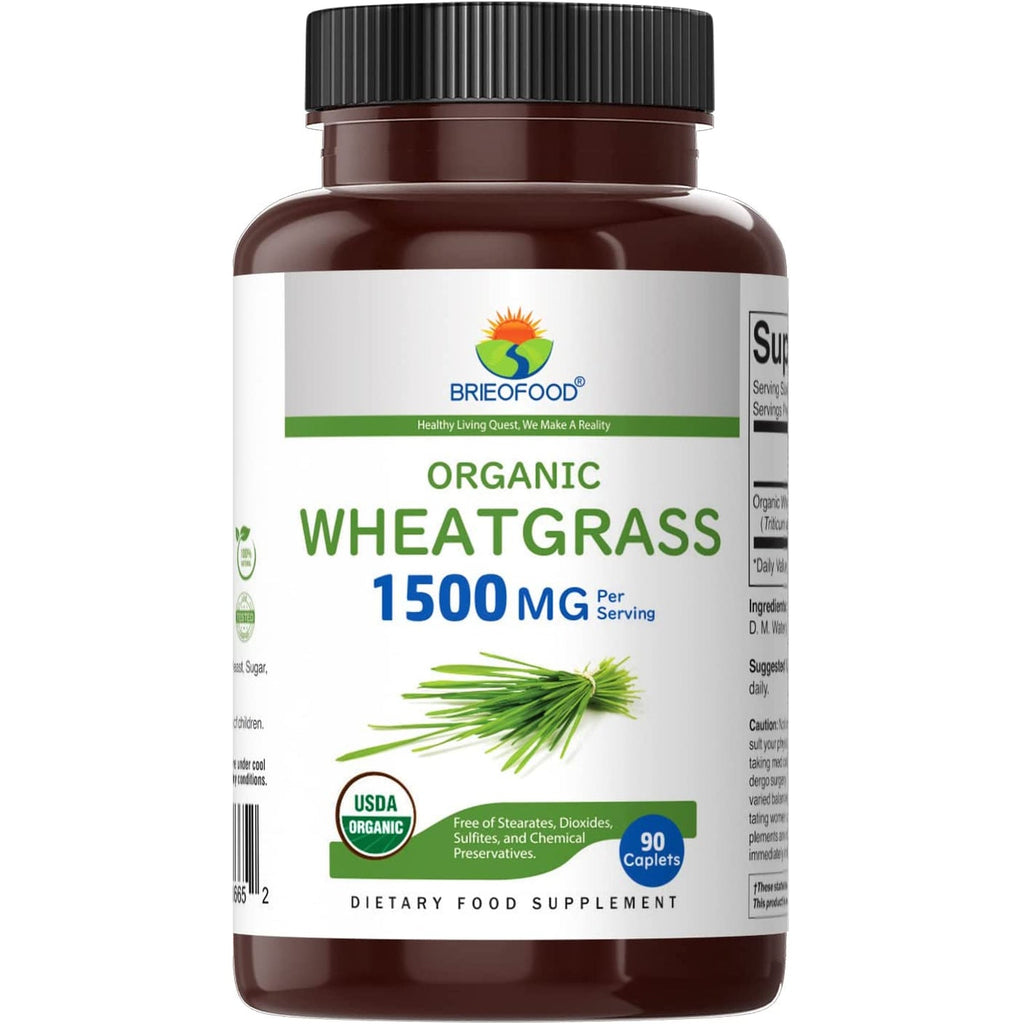Brieofood Organic Wheatgrass 1500Mg, 45 Servings, Vegetarian, Gluten Free, 90 Vegetarian Tablets