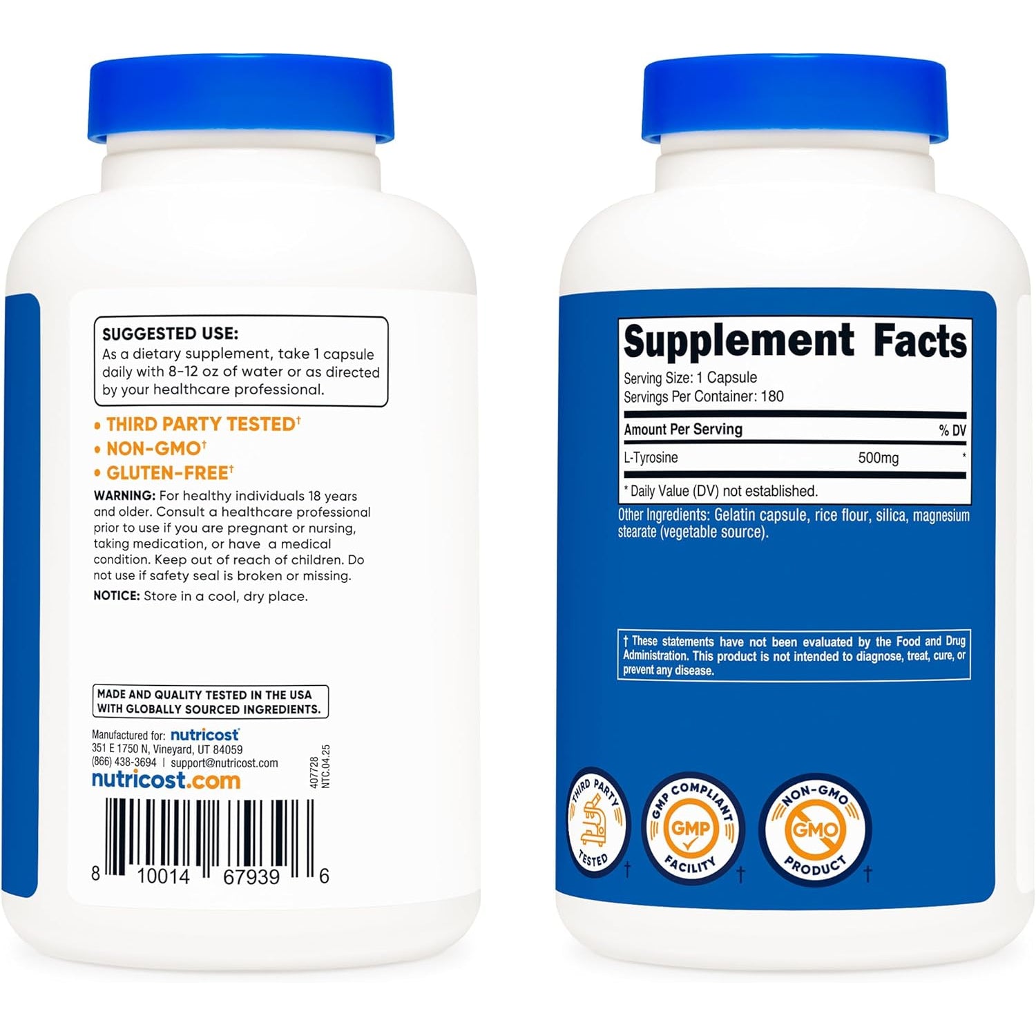 Nutricost L-Tyrosine 500Mg, 180 Capsules - Gluten Free & Non-Gmo