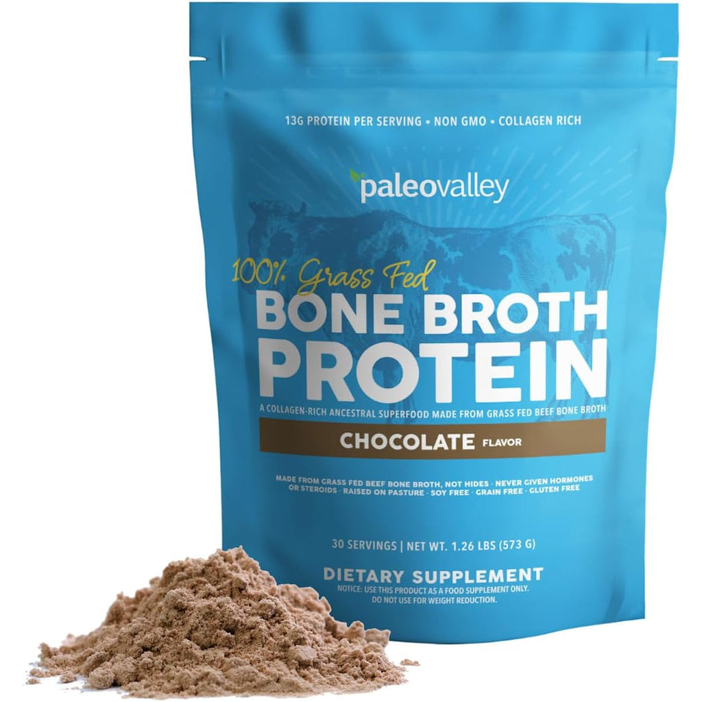 Paleovalley 100% Grass Fed Beef Bone Broth Protein Powder - Rich in Collagen Peptides for Hair, Skin, Gut Health, Bone and Joint Support - 13G Protein per Serving - No Gluten or Gmos - Chocolate