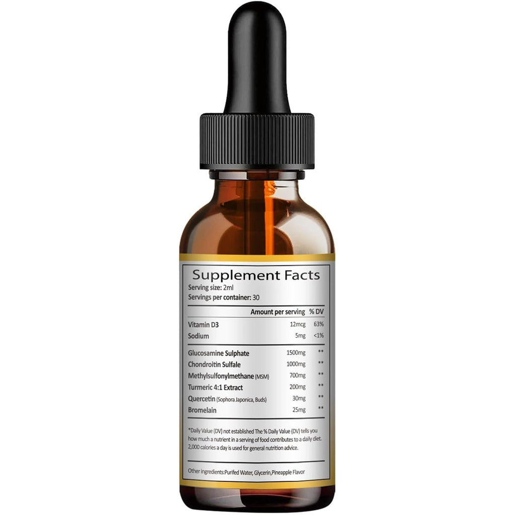 Glucosamine Chondroitin MSM Liquid Drops, Vitamin D3 - Joint Support Supplement for Mobility, Flexibility & Bones Chondroitin Sulfate Supplement Turmeric, Quercetin, Bromelain, MSM Oil 2 FL.OZ